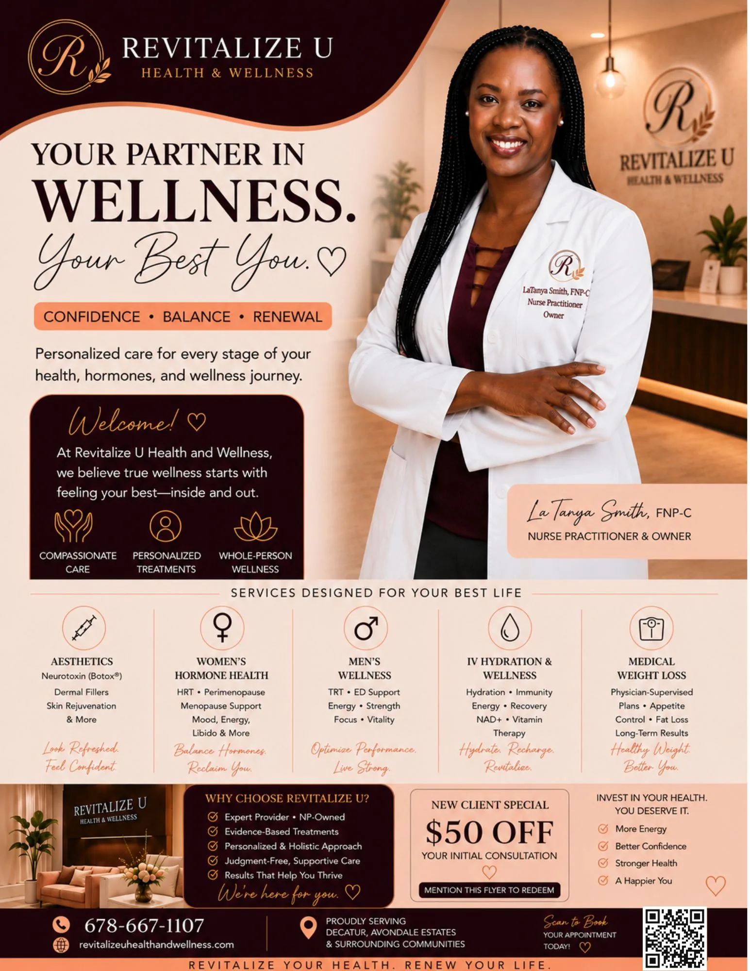 Nurse practitioner in white coat smiling in modern wellness clinic interior with plants and pendant lighting.